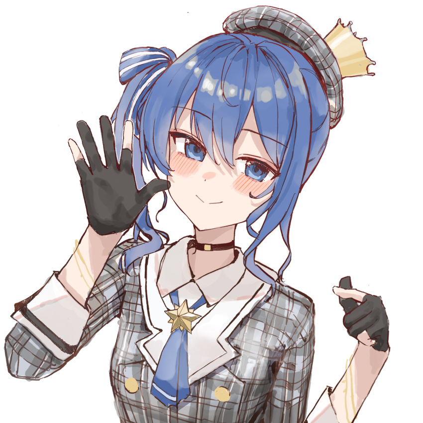 1girl absurdres beret black_choker black_gloves blue_eyes blue_hair blue_neckerchief blue_ribbon bracelet breasts buttons choker closed_mouth collared_shirt crown double-breasted gloves grey_hat grey_shirt hair_between_eyes hair_ribbon hands_up hat highres hololive hoshimachi_suisei hoshimachi_suisei_(1st_costume) jewelry karyln long_sleeves looking_at_viewer mini_crown neckerchief partially_fingerless_gloves plaid plaid_headwear plaid_shirt ribbon shirt short_hair side_ponytail sidelocks simple_background small_breasts smile solo star_(symbol) star_in_eye striped_ribbon symbol_in_eye tilted_headwear upper_body virtual_youtuber white_background white_ribbon