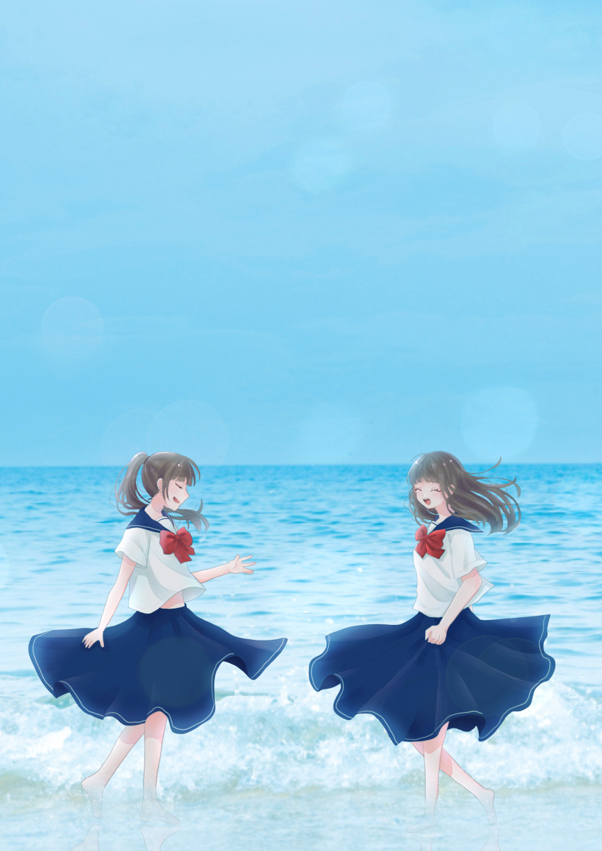 2girls :d ^_^ absurdres barefoot beach blue_sailor_collar blue_skirt blue_sky blunt_bangs bow bowtie brown_hair closed_eyes commentary_request day floating_hair from_side highres horizon lens_flare long_hair multiple_girls ocean open_mouth original outdoors ponytail profile red_bow red_bowtie sailor_collar sakamomo school_uniform serafuku shirt short_sleeves skirt sky smile standing walking water white_shirt yuri