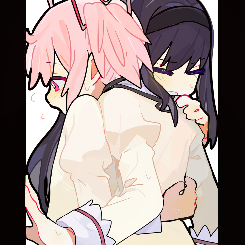 2girls absurdres akemi_homura black_hairband blush closed_eyes commentary hairband highres hug juliet_sleeves kaname_madoka long_sleeves mahou_shoujo_madoka_magica mahou_shoujo_madoka_magica_(anime) mitakihara_school_uniform multiple_girls pillarboxed pink_eyes pink_hair puffy_sleeves purple_eyes purple_hair school_uniform shirt stuck_in_a_box sweatdrop twintails upper_body ydpfa yellow_shirt yuri