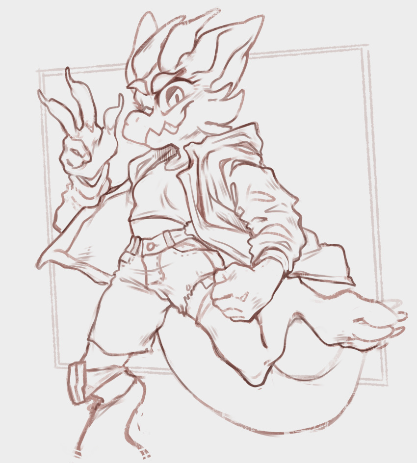 anthro ballista_(fahrun) big_ears bomber_jacket bottomwear breasts clothing cutoffs denim denim_bottomwear denim_clothing digitigrade female gesture hand_gesture hi_res horn knee_pads kobold line_art looking_at_viewer midriff one_eye_closed shirt shorts sketch small_breasts smile smiling_at_viewer solo solo_focus sony-shock tail tank_top tongue tongue_out topwear v_sign waving wink