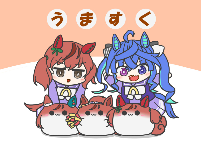 2girls :3 @_@ ahoge animal_ears aqua_hair assist_(2828) black_bow blue_eyes blunt_bangs bow bowtie bright_pupils brown_eyes brown_hair chibi colored_inner_hair commentary curly_hair curly_sidelocks ear_covers ear_ornament ear_ribbon green_ribbon hair_between_eyes hair_bow hair_ribbon heterochromia highres horse_ears horse_girl horse_tail long_hair long_sleeves looking_down multicolored_hair multiple_girls nice_nature_(converging_wishes)_(umamusume) nice_nature_(run&amp;win)_(umamusume) nice_nature_(umamusume) official_alternate_hairstyle open_mouth outstretched_arms pleated_skirt pom_pom_(cheerleading) purple_eyes purple_sailor_collar purple_shirt purple_skirt ribbon sailor_collar sailor_shirt school_uniform sharp_teeth shirt sidelocks single_ear_cover skirt spread_arms streaked_hair striped_bow sukusuku_hakutaku sweatdrop tail teeth tracen_school_uniform translated twin_turbo_(umamusume) twintails two-tone_background two-tone_bow two-tone_hair umamusume v-shaped_eyebrows very_long_hair white_bow white_bowtie winter_uniform