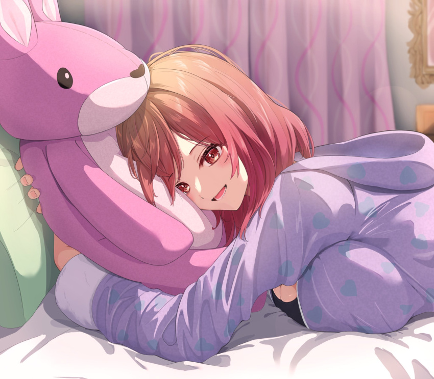 1girl black_shirt blush breasts cleavage grey_hoodie highres holding holding_stuffed_toy hololive hololive_dev_is hood hood_down hoodie ichijou_ririka large_breasts looking_at_viewer lying nmhdtnr1 on_stomach open_mouth orange_eyes orange_hair shirt smile solo stuffed_animal stuffed_rabbit stuffed_toy virtual_youtuber