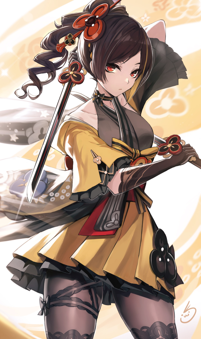 1girl black_choker black_hair chiori_(genshin_impact) choker commentary_request cowboy_shot genshin_impact grey_kimono haori highres holding holding_sword holding_weapon japanese_clothes katana kimono koissa long_hair looking_at_viewer miniskirt pantyhose pleated_skirt ponytail red_eyes skirt solo standing sword thighs weapon yellow_skirt