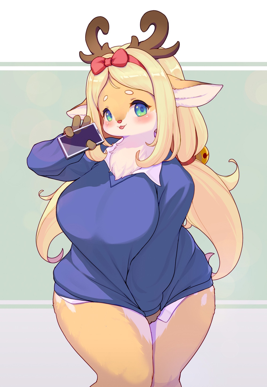 1girl :p absurdres animal_ears animal_nose antlers blonde_hair blue_sweater blush body_fur bow breasts cellphone deer_antlers furry furry_female green_eyes hair_bow hairband highres holding holding_phone horns large_breasts long_hair looking_at_viewer low_twintails orange_fur original phone red_bow red_hairband snout solo standing sweater thighs tongue tongue_out twintails two-tone_fur white_fur whooo-ya
