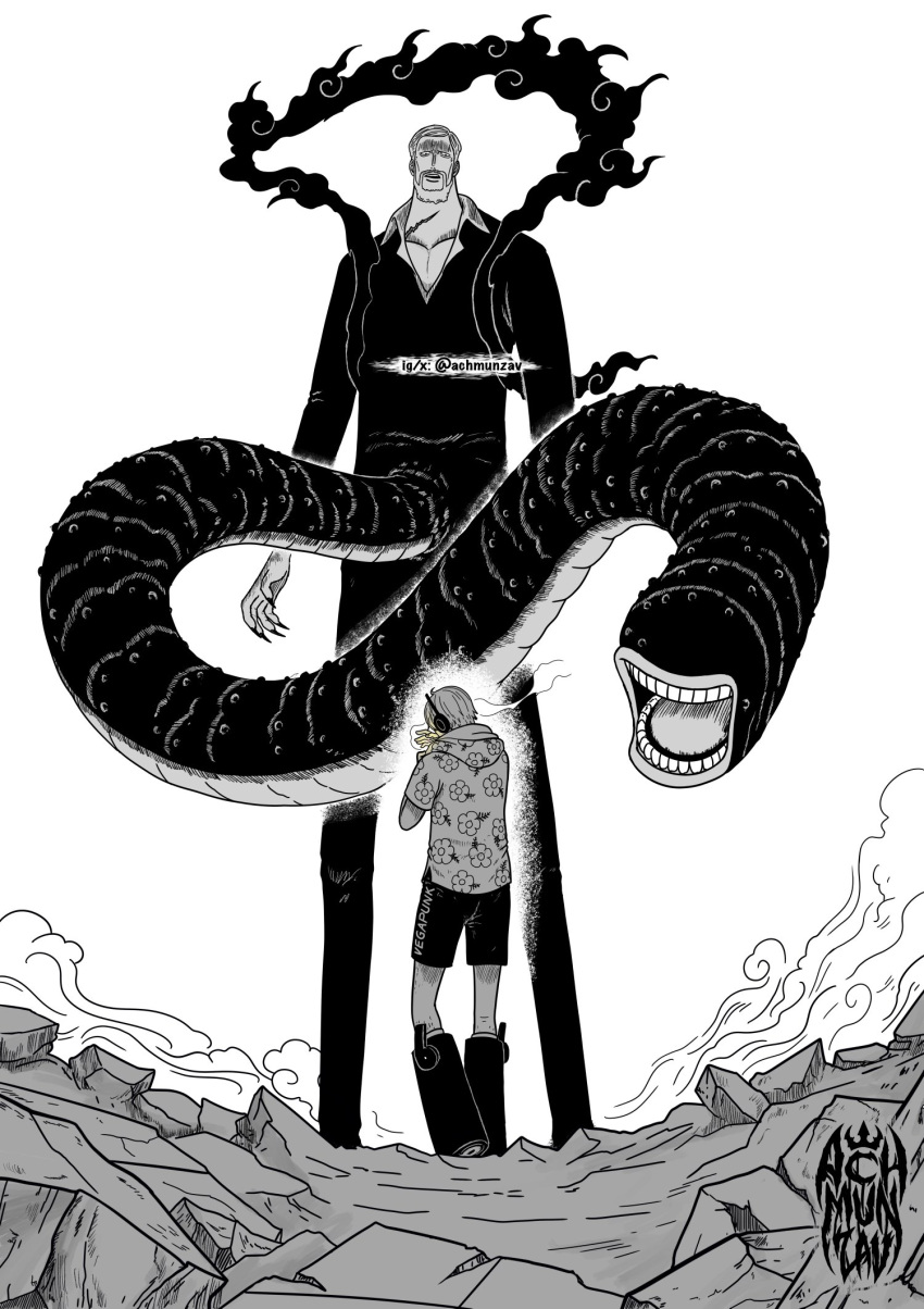 2boys achmunzav alternate_form black_fire black_footwear black_shirt black_shorts blonde_hair boots clothes_writing collared_shirt facial_hair fire floral_print from_behind goatee headphones highres knee_boots male_focus monochrome monster_boy multiple_boys mustache one_piece partially_colored rubble sanji_(one_piece) shepherd_ju_peter shirt short_hair short_sleeves shorts size_difference smoke smoking white_shirt worm