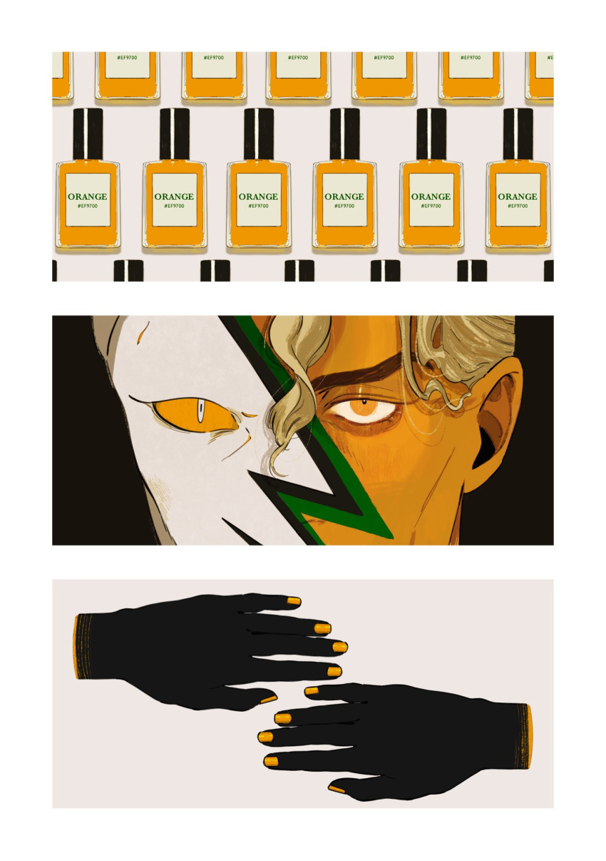 1boy colored_sclera colored_skin diamond_wa_kudakenai grey_hair hand_focus highres jojo_no_kimyou_na_bouken killer_queen kira_yoshikage male_focus nail_polish nail_polish_bottle naruysae orange_eyes orange_nails orange_sclera orange_skin severed_hand short_hair split_screen stand_(jojo) white_eyes