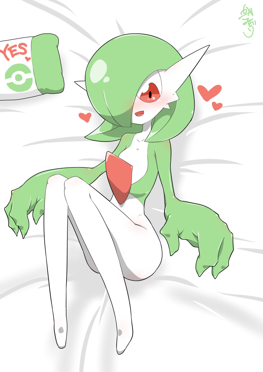 1girl absurdres artist_name bed_sheet blush bob_cut collarbone colored_skin commentary_request completely_nude english_text flat_chest from_above full_body gardevoir green_hair green_skin hair_over_one_eye happy heart highres kazamidoririnn knees_together_feet_apart knees_up legs lying multicolored_skin nose_blush nude on_back one_eye_covered open_mouth partial_commentary poke_ball_symbol pokemon pokemon_(creature) red_eyes short_hair signature smile solo two-tone_skin white_background white_skin yes-no_pillow