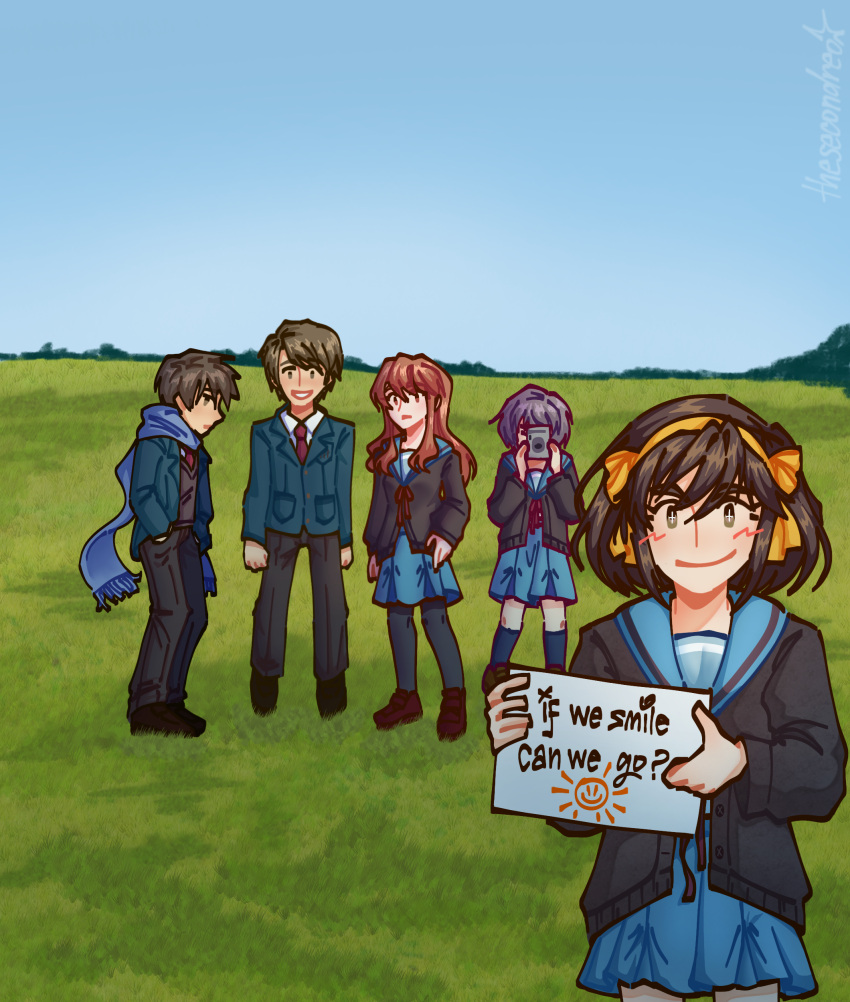 2boys 3girls absurdres asahina_mikuru bad_source blush brown_hair camera cardigan derivative_work english_text grass highres holding holding_sign koizumi_itsuki kyon leo_(artist) looking_at_viewer multiple_boys multiple_girls nagato_yuki orange_hair purple_hair radiohead_(band) ribbon sailor_collar scarf school_uniform serafuku sign smile sparkling_eyes suzumiya_haruhi suzumiya_haruhi_no_shoushitsu suzumiya_haruhi_no_yuuutsu taking_picture yellow_ribbon