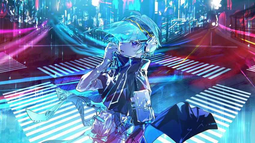1boy absurdres adjusting_clothes arm_guards belt belt_pouch black_jacket blue_belt blue_hair city cropped_jacket crosswalk from_side hand_up high_collar highres jacket karanagare knight_a long_sleeves looking_at_viewer looking_to_the_side mahito_(utaite) male_focus neon_lights night official_art outdoors pants parted_lips pouch purple_eyes road short_hair short_sleeves solo street swept_bangs upper_body utaite visor_cap white_pants zipper_pull_tab