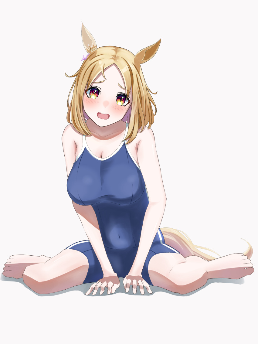1girl absurdres animal_ears bare_shoulders barefoot blonde_hair blue_one-piece_swimsuit blush breasts cleavage commentary_request competition_school_swimsuit competition_swimsuit ear_covers ear_ornament highres horse_ears horse_girl horse_tail large_breasts medium_hair nanami_haru narita_top_road_(umamusume) on_ground one-piece_swimsuit open_mouth school_swimsuit single_ear_cover sitting smile solo swimsuit tail tracen_swimsuit umamusume wariza yellow_eyes