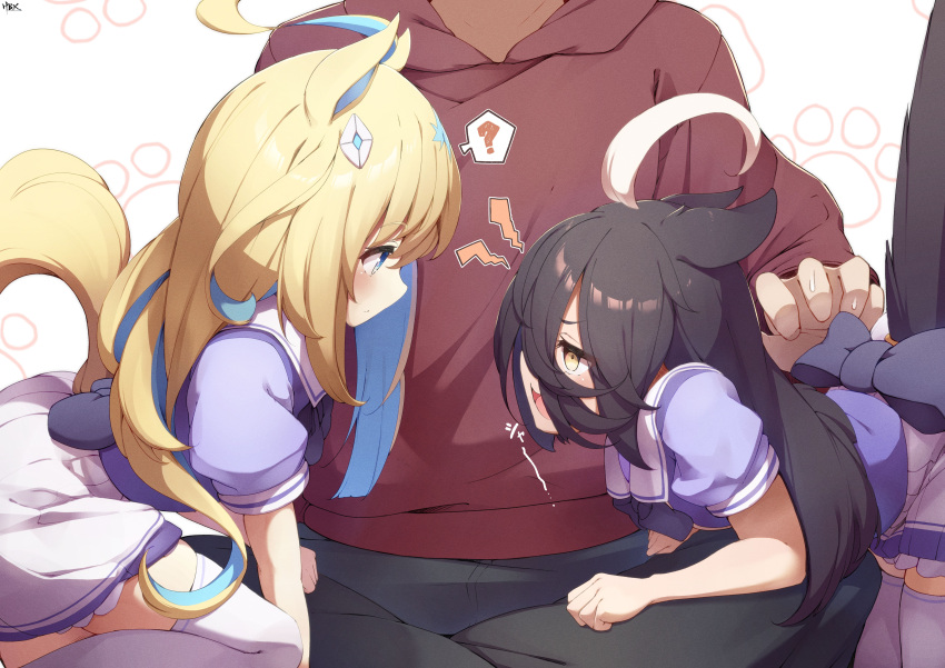 1boy 2girls ? absurdres ahoge animal_ears black_hair blonde_hair blue_eyes blue_hair bow bowtie colored_inner_hair earrings hair_between_eyes hibiki_(zerocodo) highres hood hoodie horse_ears horse_girl horse_tail jewelry long_bangs long_hair long_sleeves manhattan_cafe_(umamusume) multicolored_hair multiple_girls neo_universe_(umamusume) purple_bow purple_bowtie purple_shirt red_hoodie school_uniform shirt simple_background single_earring tail tracen_school_uniform trainer_(umamusume) two-tone_hair umamusume white_hair yellow_eyes