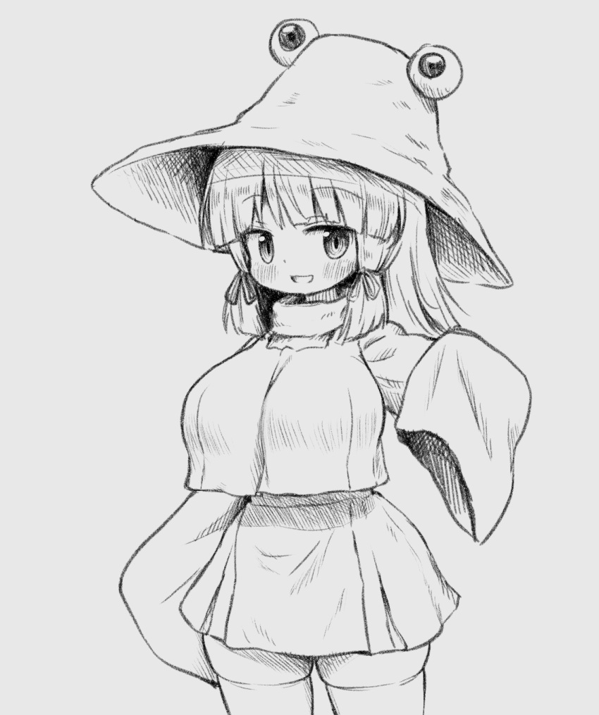 1girl arinu blush breasts cowboy_shot grey_background greyscale hair_ribbon hat highres large_breasts looking_at_viewer medium_hair monochrome moriya_suwako open_mouth ribbon simple_background skirt sleeves_past_fingers sleeves_past_wrists smile solo thighhighs touhou tress_ribbon vest wide_sleeves