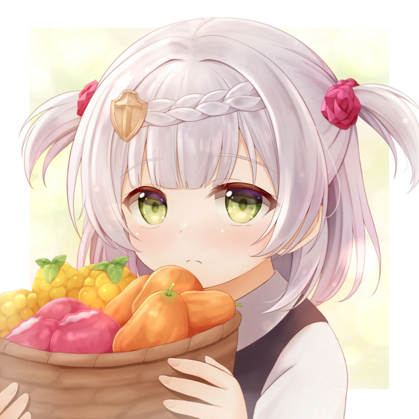 1girl aged_down basket border braid closed_mouth commentary_request flower fruit_basket genshin_impact green_eyes grey_hair hair_flower hair_ornament holding holding_basket looking_at_viewer natsu_(927013) noelle_(genshin_impact) portrait red_flower red_rose rose short_hair solo two_side_up white_border