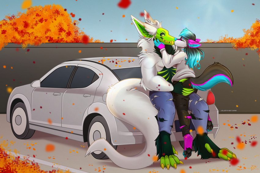 anthro autumn bone canid canine canis car duo female fur glistening glistening_hair grey_body grey_fur hair hug hybrid jaxxx kiss_on_lips long_ears long_tail male male/female mammal parking_space skull skull_head smile tail toxic vehicle volodyanocturne white_body white_fur wolf yozora