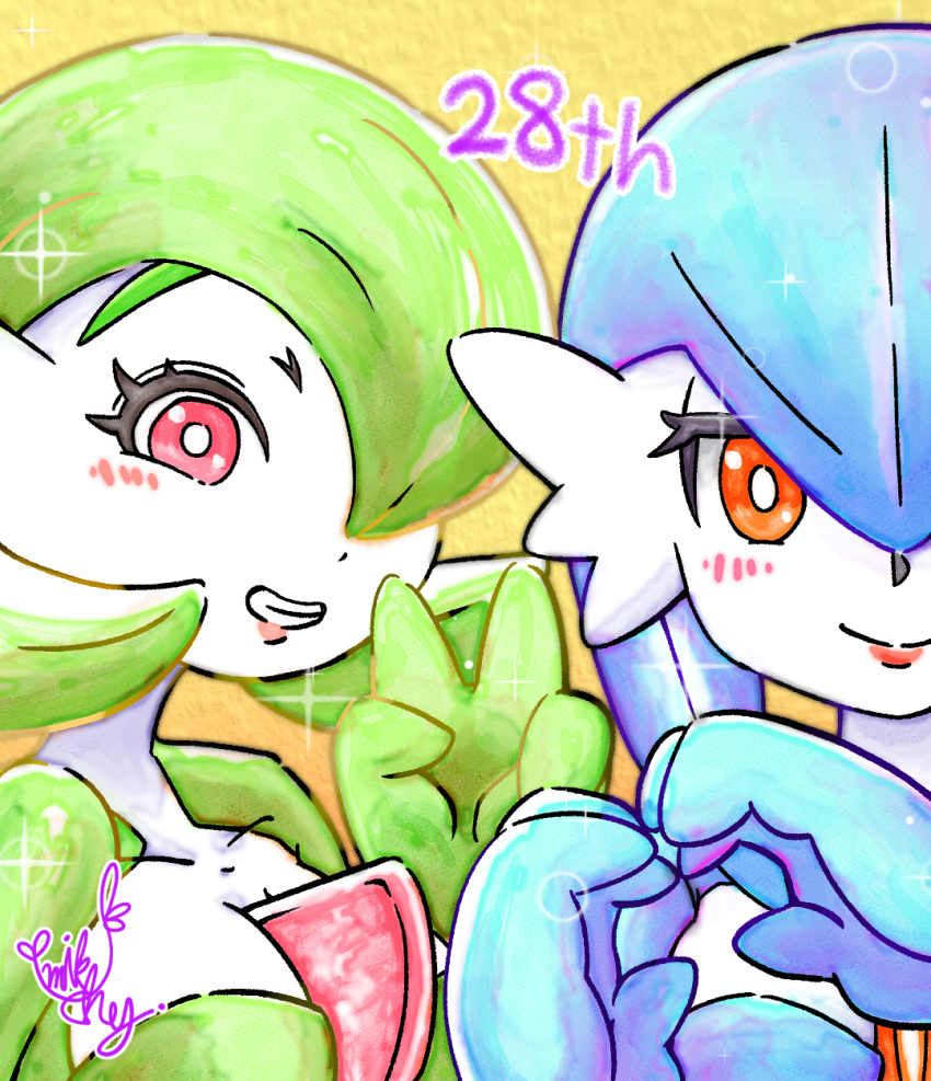 2girls alternate_color artist_name blue_hair blue_skin blush bob_cut breasts bright_pupils closed_mouth collarbone colored_skin commentary_request dated gardevoir green_hair green_skin grin hair_over_one_eye hand_up hands_up happy heart heart_hands highres looking_at_viewer medium_breasts multicolored_skin multiple_girls one_eye_covered orange_eyes own_hands_together pokemon pokemon_(creature) red_eyes shiny_and_normal shiny_pokemon short_hair signature simple_background smile sparkle split_mouth straight-on teeth two-tone_skin upper_body v white_pupils white_skin yellow_background yumikchey
