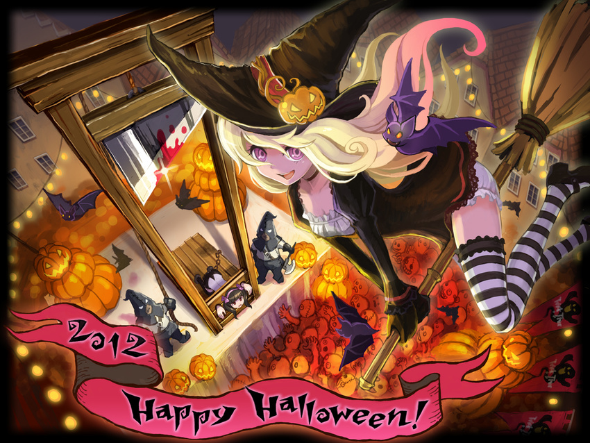 2girls bat blonde_hair bow broom broom_riding chains execution execution_mask executioner guillotine hair_bow halloween happy_halloween hat helpless imminent_death jack-o'-lantern jack-o'-lantern multiple_girls original pumpkin purple_eyes purple_hair red_eyes restrained shirt skirt striped striped_legwear striped_stockings stripes thighhighs twintails ume_(illegal_bible) wavy_hair witch witch_hat