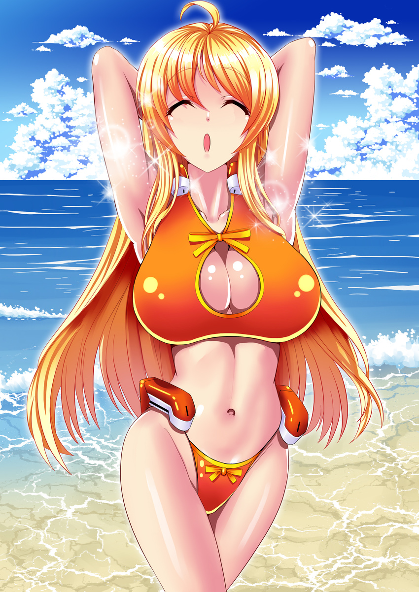 absurdres aoi_toori arms_behind_head bad_id bad_pixiv_id beach bikini blonde_hair breasts cleavage_cutout closed_eyes cloud covered_nipples day highres kyoukaisenjou_no_horizon large_breasts long_hair mizutsuki_rei ocean outdoors sky solo sparkle swimsuit