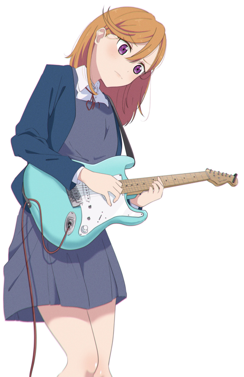 1girl absurdres blue_jacket closed_mouth collared_shirt commentary_request dress electric_guitar fujimiz_511 grey_dress guitar hair_between_eyes highres holding holding_instrument instrument jacket leaning long_sleeves looking_down love_live! love_live!_superstar!! medium_hair neck_ribbon open_clothes open_jacket orange_hair pinafore_dress purple_eyes red_ribbon ribbon school_uniform shibuya_kanon shirt sleeveless sleeveless_dress solo standing upper_body white_background white_shirt winter_uniform yuigaoka_school_uniform