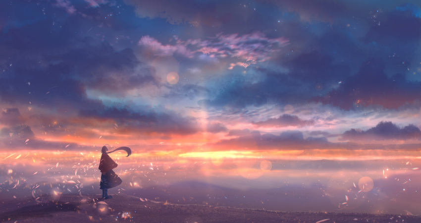 1girl ahoge capelet cloud cloudy_sky commentary_request dress fantasy from_behind highres horizon light_particles long_hair original outdoors ponytail sakimori_(hououbds) scenery sky solo standing sunset wind