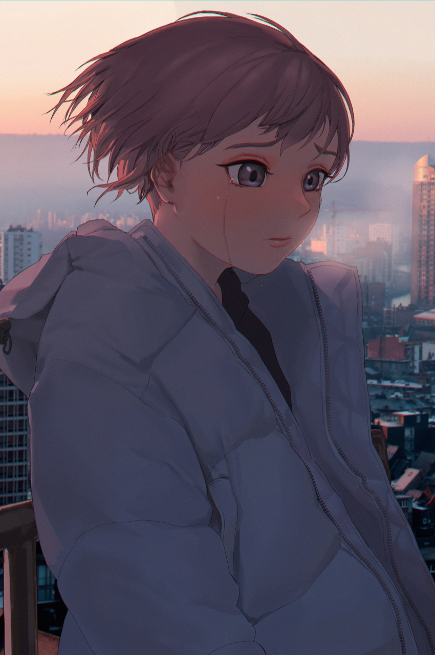 1girl absurdres blush breath brown_hair bypos cityscape crying crying_with_eyes_open grey_eyes highres hood hooded_jacket jacket original outdoors short_hair solo tears twilight upper_body