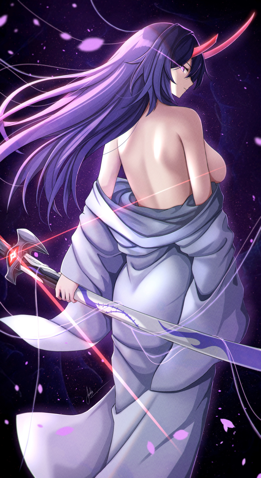 1girl absurdres acheron_(honkai:_star_rail) aoikito_lavender086 bare_back bare_shoulders breasts commentary from_behind highres holding holding_sword holding_weapon honkai:_star_rail honkai_(series) horns katana large_breasts long_hair looking_at_viewer looking_back off_shoulder purple_eyes purple_hair scabbard sheath sheathed solo standing sword very_long_hair weapon