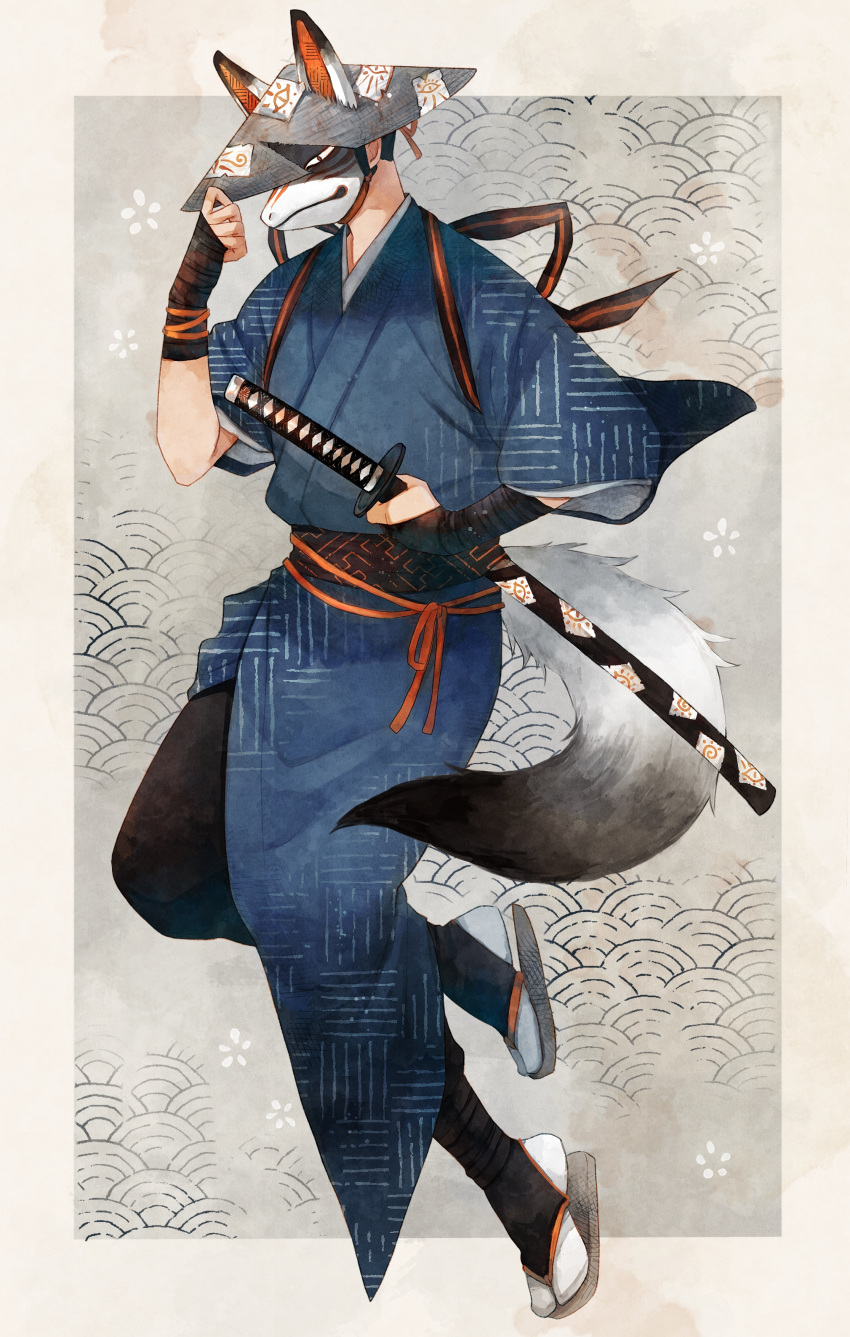 1boy absurdres animal_ears black_gloves black_pants blue_kimono fingerless_gloves flower_(symbol) fox_boy fox_mask fox_tail full_body geta gloves hat highres holding holding_weapon japanese_clothes katana kimono mask obi ofuda ofuda_on_clothes orange_ribbon original pants ribbon rice_hat sanshichi_fu sash seigaiha short_hair simple_background solo sword tail weapon