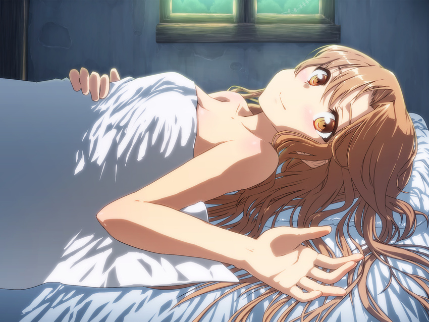 after_sex afterglow asuna_(sao) brown_eyes brown_hair chihiro_p highres long_hair looking_at_viewer lying on_back pillow smile solo sword_art_online under_covers window