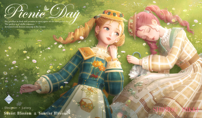 2girls 3d apron blonde_hair brown_dress brown_hat copyright_name day dress drill_hair english_commentary english_text fingernails floral_print flower green_dress green_eyes highres lipstick lolory_(shining_nikki) long_dress looking_at_another makeup multiple_girls nail_polish nikki_(miracle_nikki) official_art on_grass outdoors parasol parted_lips pink_hair shadow shining_nikki signature sleeping teeth twin_drills twintails umbrella white_apron yellow_hat
