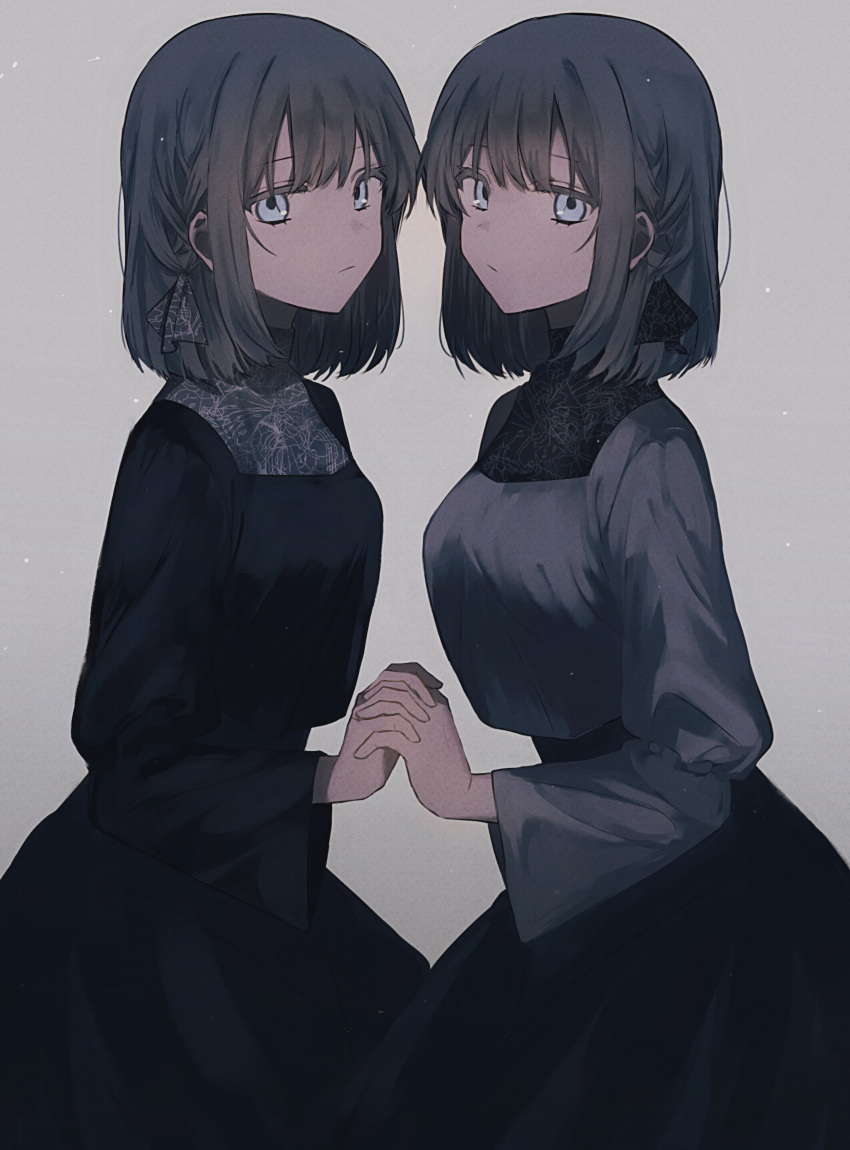 2girls black_dress black_skirt blue_eyes braid breasts closed_mouth commentary_request dress expressionless grey_background grey_eyes grey_shirt hair_ribbon highres holding_hands interlocked_fingers light_particles long_sleeves looking_at_viewer medium_breasts medium_hair mochiosamu_ron multiple_girls original ribbon shirt short_hair siblings simple_background sisters skirt twins yuri