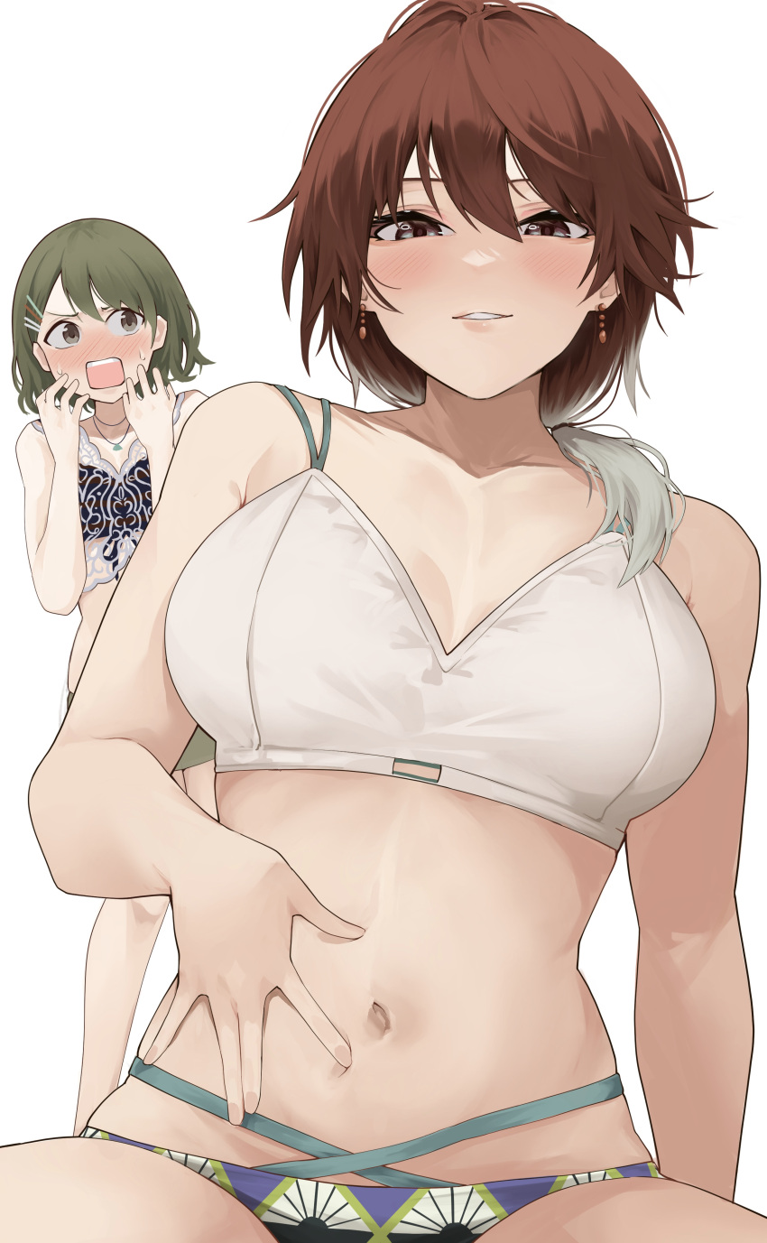 2girls absurdres aketa_mikoto bikini blush breasts brown_hair collarbone green_hair hand_on_own_stomach highres idolmaster idolmaster_shiny_colors large_breasts light_brown_hair looking_at_another looking_at_viewer mismatched_bikini multiple_girls nanakusa_nichika navel nose_blush simple_background smile stomach sweatdrop swimsuit white_background yamanoko_19517