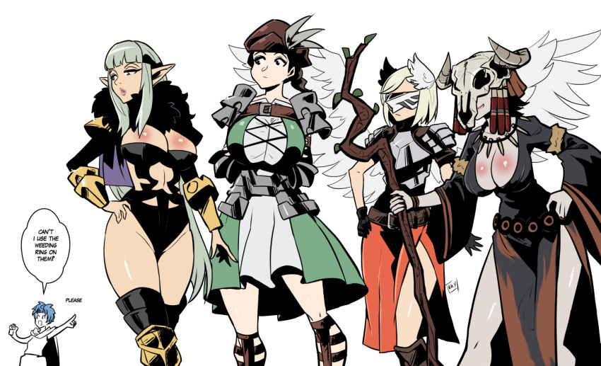 1boy 4girls alain_(unicorn_overlord) angel angel_wings armor armored_dress black_dress black_fur black_hair black_leotard blue_hair braid breasts cleavage dark-skinned_female dark_skin dress elf english_commentary english_text gladiator_sandals green_dress grey_hair gryphon_knight hand_on_own_hip hat holding holding_staff kukuruyo leotard long_hair looking_at_another mask multiple_girls navel pointy_ears sandals shiny_skin short_hair shoulder_armor single_braid skull_mask speech_bubble staff standing thighs typo unicorn_overlord white_background white_hair wings