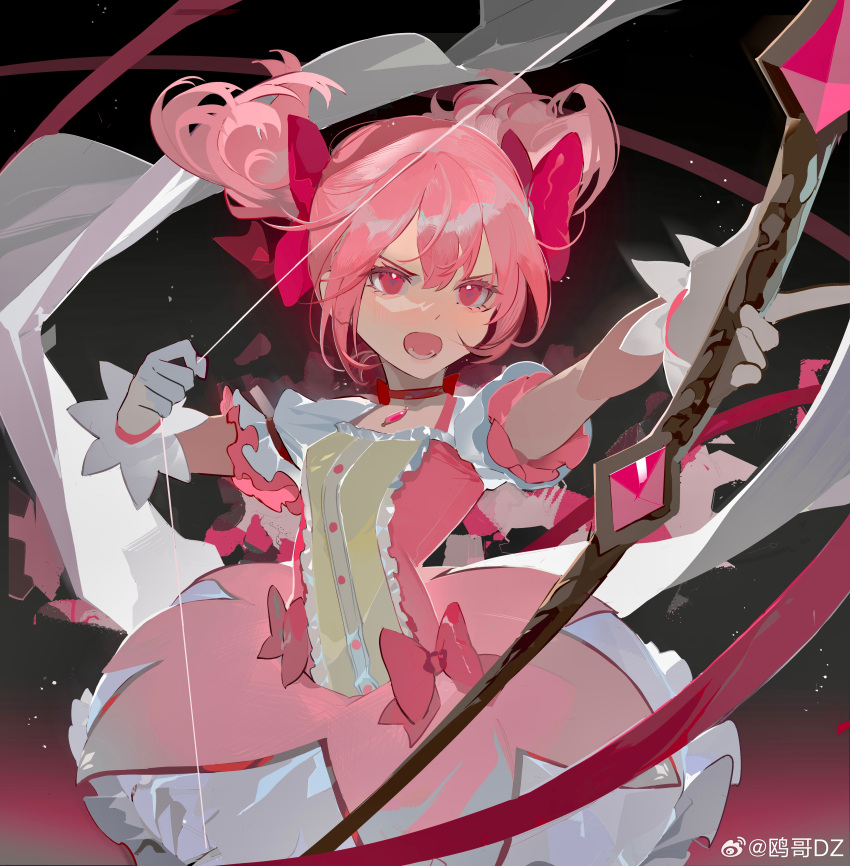 1girl absurdres black_background bow bow_(weapon) bubble_skirt chinese_commentary choker commentary_request cowboy_shot drawing_bow dress dress_bow frilled_dress frilled_skirt frilled_sleeves frills gloves hair_bow highres holding holding_bow_(weapon) holding_weapon kaname_madoka looking_at_viewer magical_girl mahou_shoujo_madoka_magica mahou_shoujo_madoka_magica_(anime) open_mouth ouge_dz outstretched_arm pink_dress pink_eyes pink_hair pink_ribbon puffy_short_sleeves puffy_sleeves red_choker ribbon serious short_hair short_sleeves short_twintails simple_background skirt solo twintails weapon weibo_logo weibo_username white_gloves white_skirt