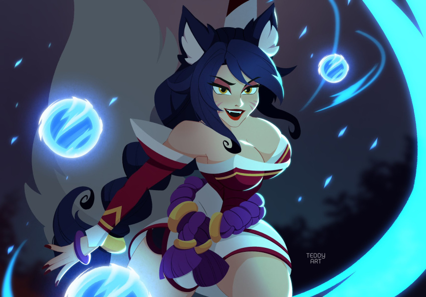 1girl ahri_(league_of_legends) animal_ears artist_name bare_shoulders black_hair breasts cleavage detached_sleeves energy_ball facial_mark fox_ears fox_girl fox_tail highres korean_clothes large_breasts league_of_legends long_hair multiple_tails nail_polish red_nails solo tail teddy_teddd whisker_markings yellow_eyes