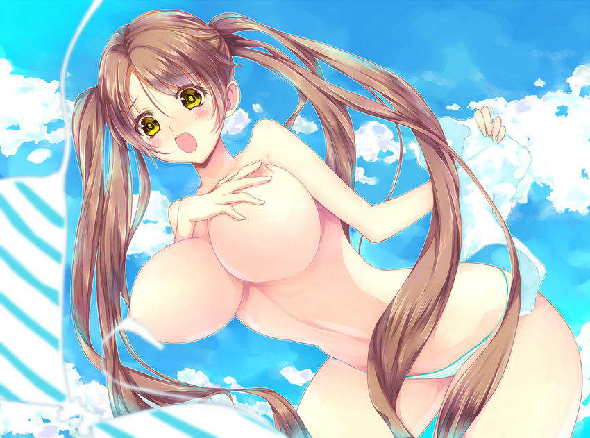 1girl bikini blush breasts brown_hair female huge_breasts long_hair modern_afro navel nipples open_mouth original outdoors sky solo swimsuit twintails very_long_hair wardrobe_malfunction yellow_eyes