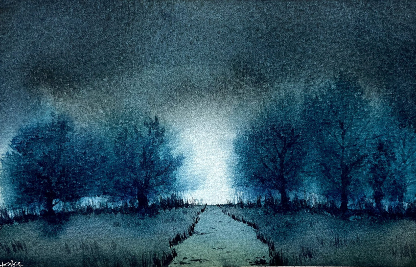 cloud cloudy_sky dark fog grass highres night night_sky no_humans original painting_(medium) path scenery shadow shibakaka sky traditional_media tree