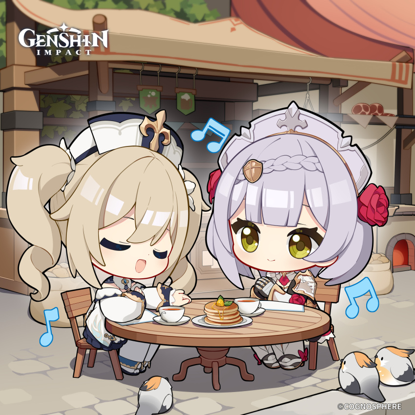 2girls absurdres apron armor armored_dress barbara_(genshin_impact) berry bird black_gloves blonde_hair blunt_bangs braid chibi closed_eyes closed_mouth coffee_cup commentary copyright_name cup disposable_cup dress english_commentary flower food genshin_impact gloves green_eyes grey_hair hair_flower hair_ornament highres long_hair looking_at_another mint multiple_girls musical_note no_nose noelle_(genshin_impact) official_art on_chair open_mouth pancake pantyhose plate red_flower red_rose rose shoulder_armor sitting table white_apron white_dress white_footwear white_hat white_pantyhose