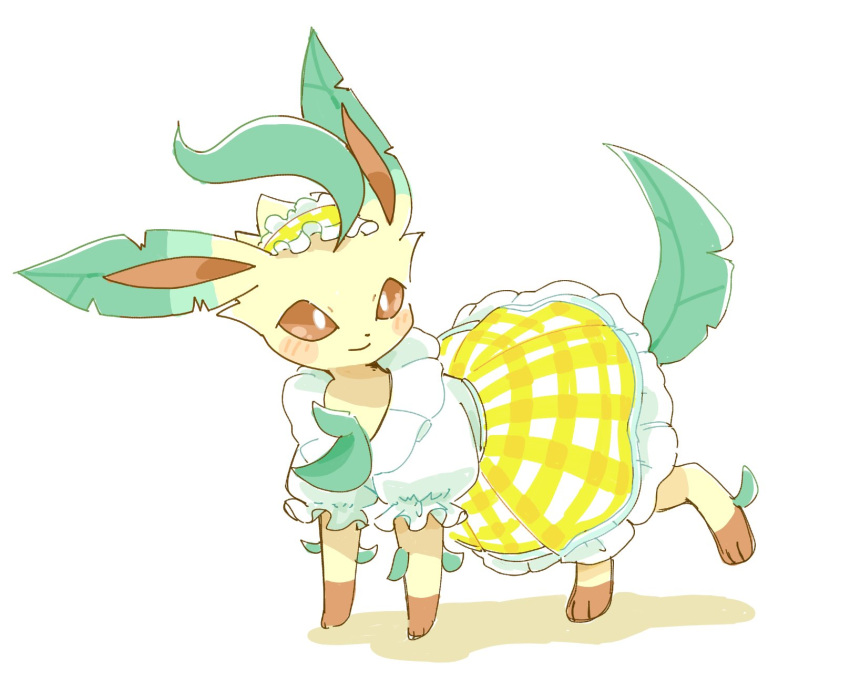 animal_focus blouse blush bonnet brown_fur brown_sclera checkered_clothes checkered_dress checkered_skirt clothed_pokemon collar colored_sclera dress frilled_collar frilled_dress frills grass highres koke_ojisan leaf leafeon leafeon_(checkered) no_humans pokemon pokemon_(creature) pokemon_unite puffy_short_sleeves puffy_sleeves shirt short_sleeves skirt solo white_background white_dress white_eyes yellow_fur yellow_skirt