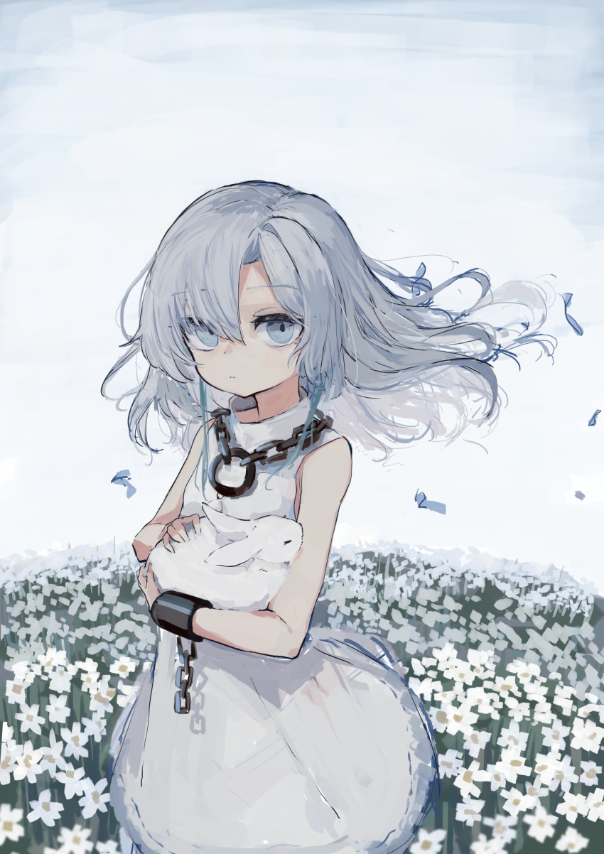 1girl animal bare_shoulders closed_mouth commentary_request cowboy_shot cuffs dress expressionless flower grey_eyes grey_hair grey_theme highres holding holding_animal isekai_joucho kaminari_kzy kamitsubaki_studio long_hair looking_at_viewer rabbit shackles sleeveless sleeveless_dress solo standing virtual_youtuber white_background white_dress white_flower white_rabbit_(animal) wind
