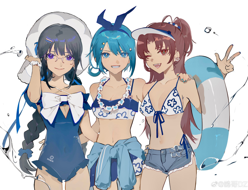 3girls ;d absurdres akemi_homura alternate_costume bare_shoulders beads bikini bikini_top_only black_hair blue_bikini blue_hair blue_hairband blue_nails blue_one-piece_swimsuit blue_sarong blue_shorts bow braid breasts brown_eyes brown_hair chinese_commentary cleavage_cutout clothing_cutout collarbone colored_eyelashes commentary_request cowboy_shot denim denim_shorts earrings fangs floral_print flower flower_earrings flower_necklace glasses grin hair_beads hair_ornament hairband hairpin hand_on_another's_back hand_on_another's_shoulder hand_up highres jewelry lei long_hair looking_at_viewer low_side_ponytail mahou_shoujo_madoka_magica mahou_shoujo_madoka_magica_(anime) midriff miki_sayaka multiple_girls navel one-piece_swimsuit one_eye_closed one_side_up open_mouth ouge_dz parted_bangs purple_eyes ring sakura_kyoko sarong scrunchie short_shorts shorts simple_background smile standing star_(symbol) star_hair_ornament swimsuit twin_braids v visor_cap water weibo_logo weibo_username white-framed_eyewear white_background white_bikini white_bow white_hat wrist_scrunchie
