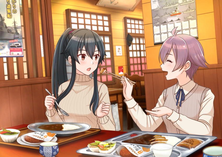 2boys 2girls black_hair blue_ribbon blush breasts brown_eyes chair chopsticks collared_shirt commentary_request cup curry curry_rice eating feeding food hair_between_eyes hitakikan holding holding_chopsticks holding_spoon indoors kantai_collection long_sleeves multiple_boys multiple_girls neck_ribbon open_mouth ponytail purple_hair restaurant ribbed_sweater ribbon rice sakawa_(kancolle) salad shirt short_hair sidelocks sign spoon sweater sweater_vest turtleneck turtleneck_sweater white_shirt yahagi_(kancolle)