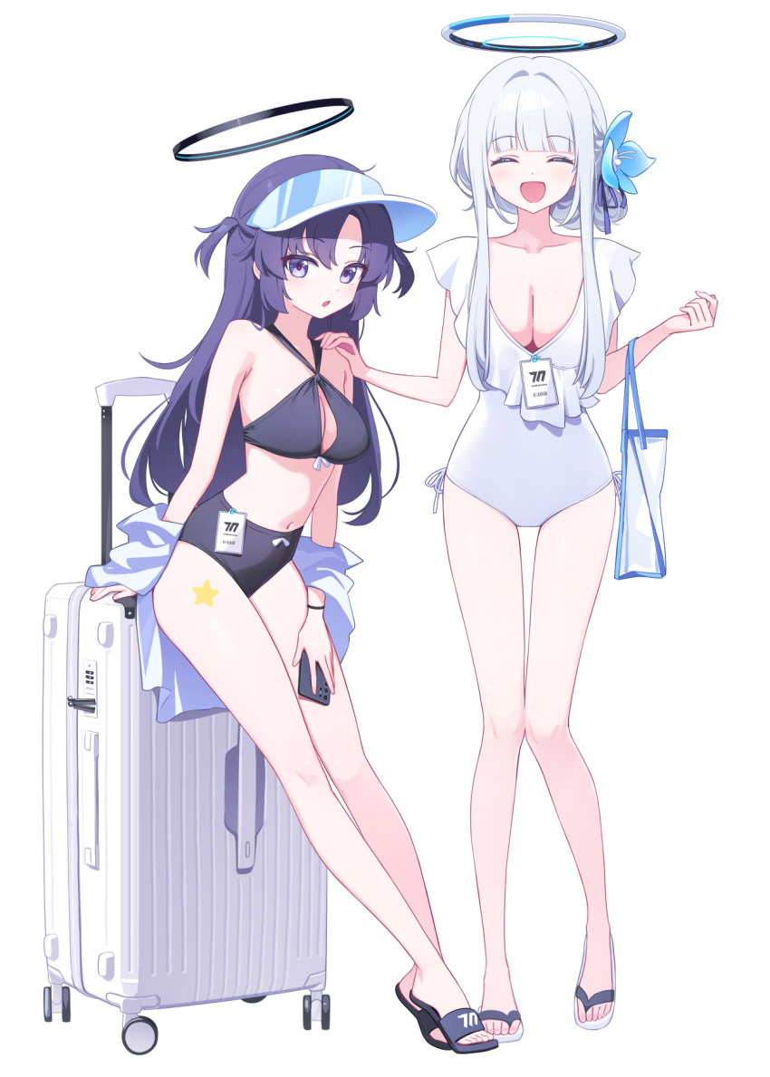 2girls bare_arms bare_legs bare_shoulders bikini black_bikini blue_archive blush breasts cellphone cleavage closed_eyes deadnooodles facing_viewer grey_hair halo highres holding holding_phone large_breasts long_hair looking_at_viewer mechanical_halo multiple_girls navel noa_(blue_archive) one-piece_swimsuit open_mouth phone purple_eyes purple_hair sandals simple_background smartphone smile star_(symbol) suitcase swimsuit white_background white_one-piece_swimsuit yuuka_(blue_archive)