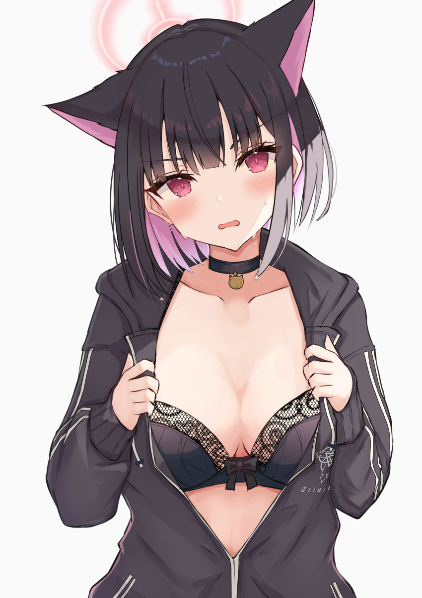 1girl absurdres animal_ears black_bra black_choker black_jacket blue_archive blush bra breasts cat_ears choker commentary extra_ears halo highres hood hooded_jacket jacket kazusa_(blue_archive) kirin3939 kirin_(kirin1023) large_breasts looking_at_viewer medium_hair multicolored_hair open_clothes open_jacket open_mouth partially_unzipped pink_hair pink_halo red_eyes simple_background solo two-tone_hair underwear