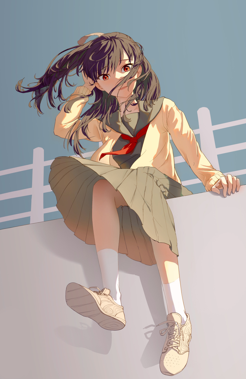 1girl absurdres adjusting_hair artist_request black_hair blush cardigan character_request from_below full_body fumetsu_no_anata_e hand_up highres long_hair long_skirt looking_at_viewer open_cardigan open_clothes outdoors parted_lips railing red_eyes sailor_collar school_uniform shoes sidelighting simple_background sitting skirt sneakers socks solo white_socks