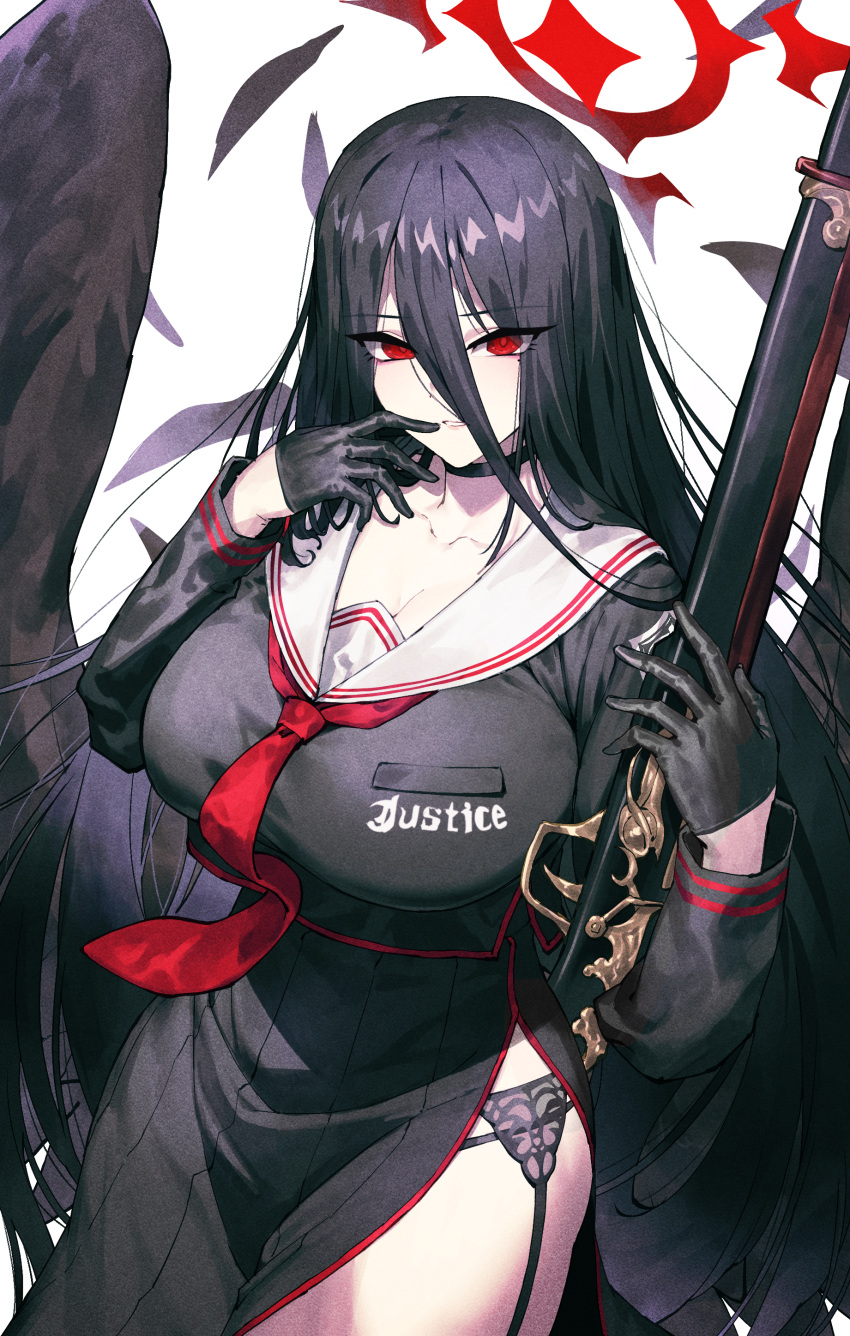 1girl :d absurdres black_choker black_gloves black_hair black_serafuku black_skirt black_wings blue_archive bolt_action breasts choker chyko7080 collarbone commentary_request english_text feathered_wings gloves gun hair_between_eyes halo hasumi_(blue_archive) highres holding holding_gun holding_weapon large_breasts large_wings long_bangs long_hair long_sleeves looking_at_viewer m1917_enfield parted_lips pleated_skirt red_eyes rifle school_uniform serafuku side_slit sidelocks simple_background skirt smile solo weapon white_background wings
