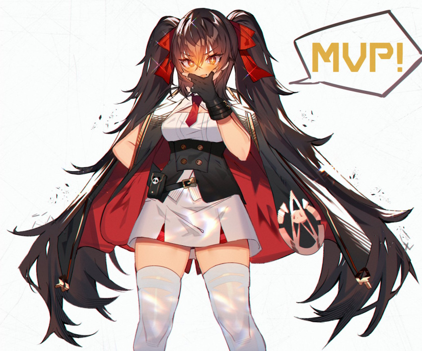 1girl belt black_cape black_gloves black_hair blush breasts buttons cape double-breasted girls'_frontline gloves hair_ribbon hand_on_own_face highres long_hair looking_at_viewer medium_breasts necktie orange_eyes red_necktie red_ribbon ribbon skirt solo soukou_makura standing thighhighs twintails type_97_(girls'_frontline) white_skirt white_thighhighs