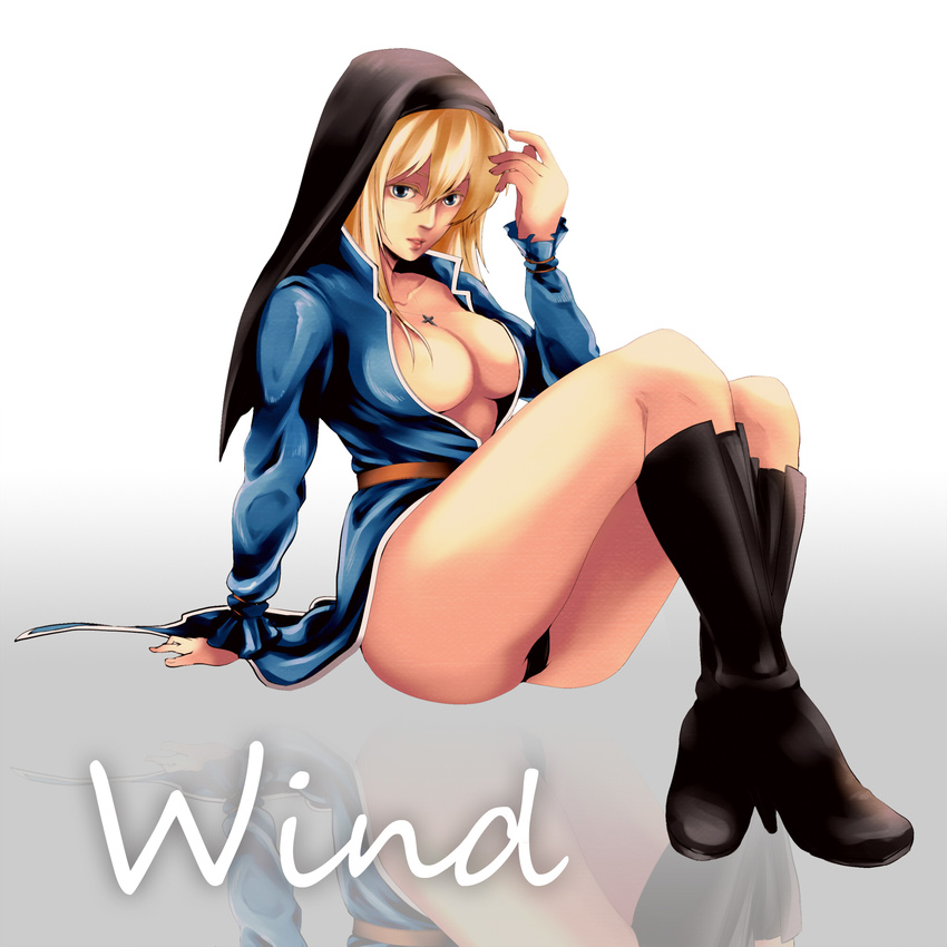arm_support black_panties blonde_hair blue_eyes boots breasts cross cross_necklace crossed_ankles genderswap goenitz habit highres jacket jewelry knee_boots large_breasts lips long_hair midnight_bliss necklace no_bra open_clothes open_jacket panties pantyshot pantyshot_(sitting) popped_collar reflection sitting solo the_king_of_fighters toki_no_syo underwear