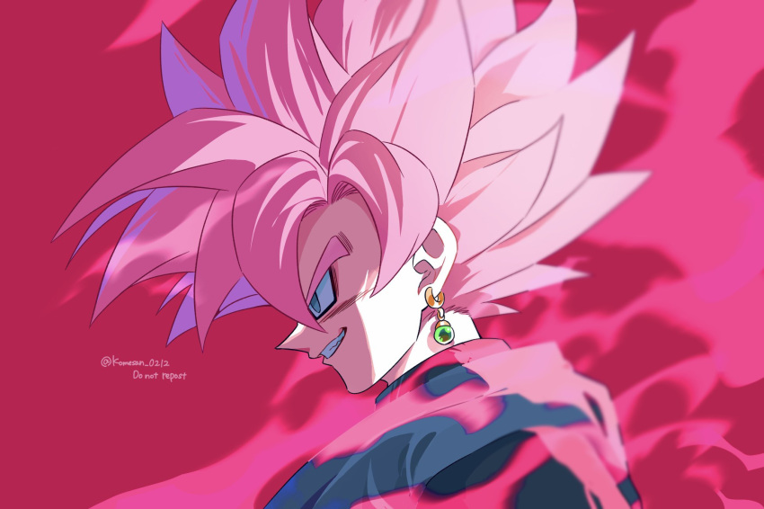 1boy black_shirt blurry blurry_background dragon_ball dragon_ball_super earrings from_side goku_black grey_eyes highres jewelry komesan_0212 medium_hair pink_background pink_hair pink_theme potara_earrings profile shirt smirk smoke solo spiked_hair super_saiyan super_saiyan_rose