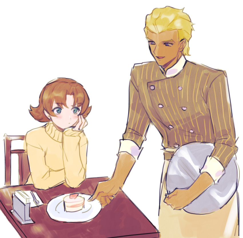 cafe cake couple dearka_elsman food gundam gundam_seed gundam_seed_destiny highres ishinonono miriallia_haw serving table waiter whip