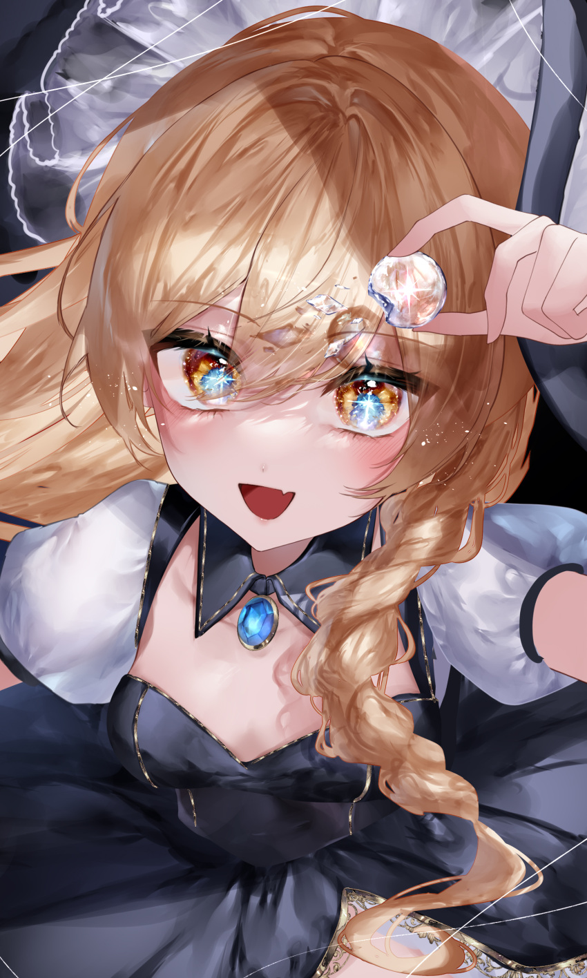 1girl :d absurdres adapted_costume black_dress black_hat blonde_hair blue_gemstone blue_pupils blush braid breasts cleavage commentary crystal detached_collar dress eyelashes fang foreshortening from_above gem hair_between_eyes hand_up happy hat highres holding_crystal kirisame_marisa long_hair looking_at_object medium_breasts open_mouth puffy_short_sleeves puffy_sleeves short_sleeves single_braid skin_fang smile sparkle star-shaped_pupils star_(symbol) symbol-shaped_pupils touhou upturned_eyes witch witch_hat yellow_eyes yukia_(yukia_777)