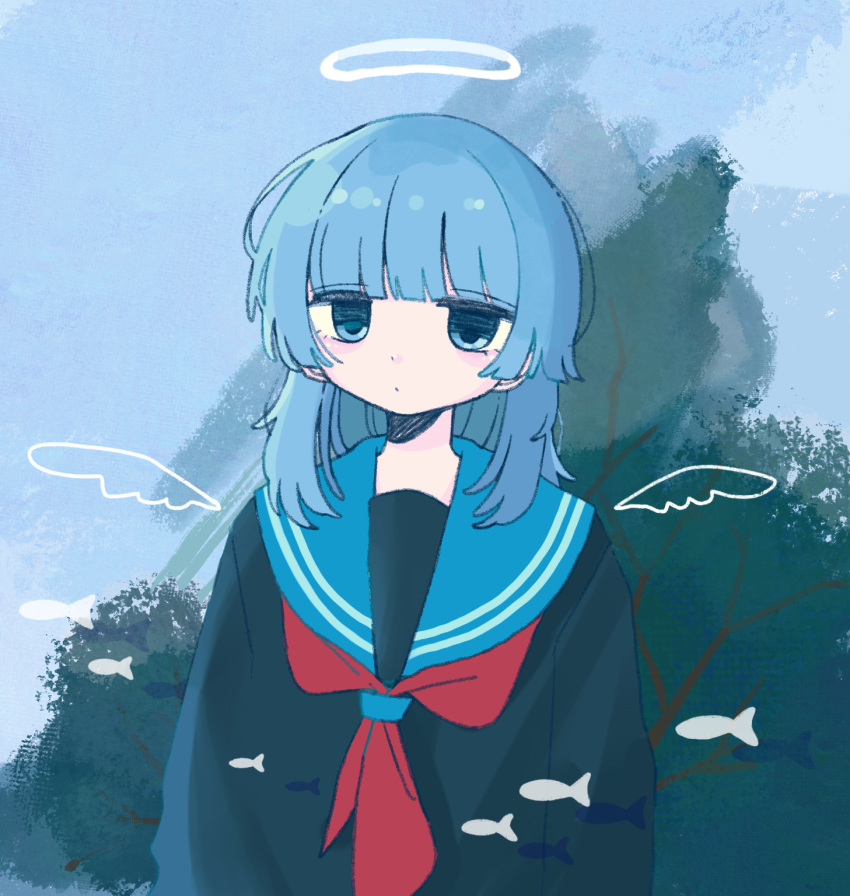 1girl arms_at_sides black_serafuku blue_eyes blue_hair blue_sailor_collar blue_sky blunt_bangs blunt_sidelocks closed_mouth drawn_wings expressionless fish halo highres light_blush long_hair looking_at_viewer mini_wings neckerchief original red_neckerchief sailor_collar school_uniform serafuku sidelocks sky solo sskitaco transparent_wings tree upper_body wings